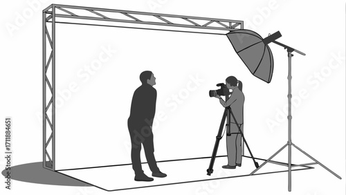 Studio Photography Setup Photographer with Camera and Model Professional Photo Shoot Backdrop Lighting Equipment.