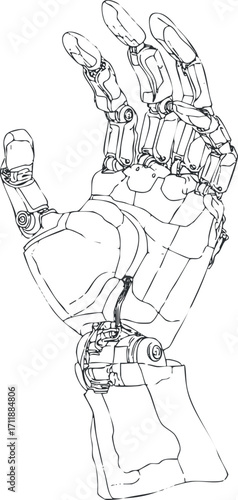 Detailed illustration of a robotic hand showcasing advanced technology and design features.