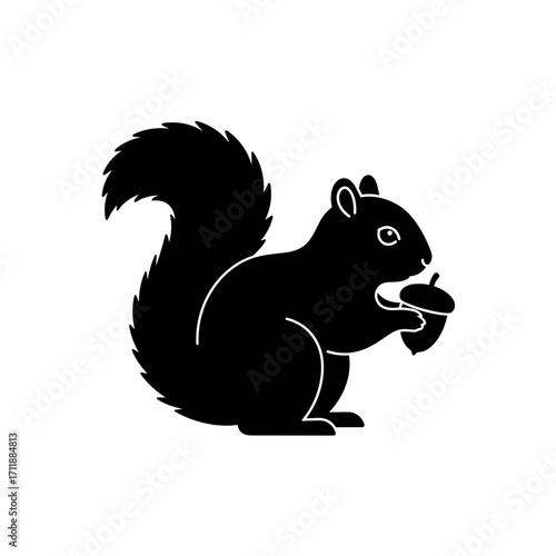 Squirrel holding acorn while sitting and looking alert in silhouette  