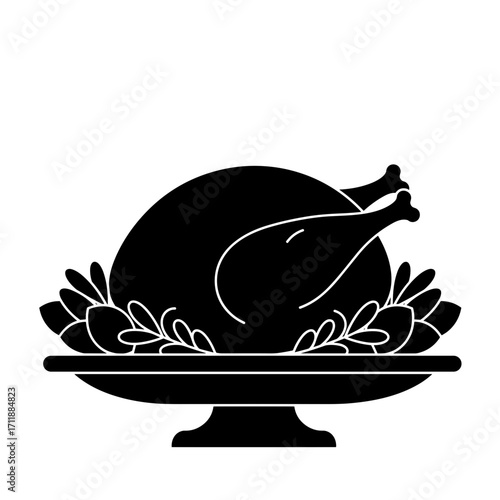 Roasted turkey with herbs on elegant platter for Thanksgiving Day  