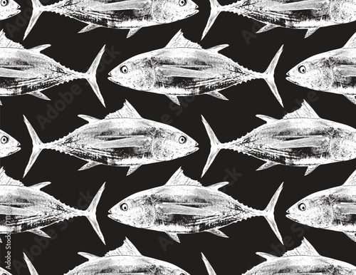 Vector seamless pattern with tuna fish on marine animals theme and ocean life. Black and white. Logo, menu for restaurant, cafe. Signboard for fish store. Print, fabric, textile. Wallpaper, T-shirt.