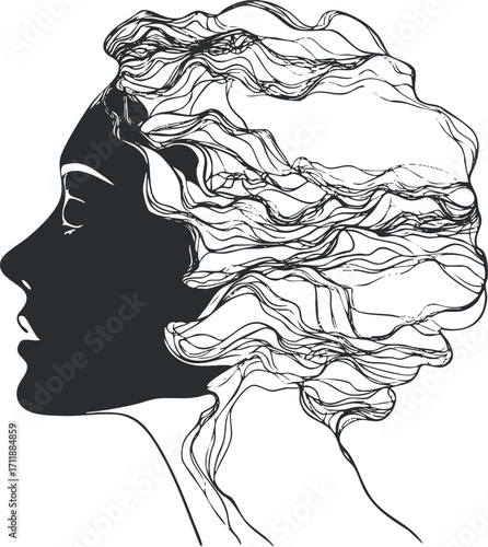 An elegant silhouette of a woman with flowing hair in a minimalist line art style.