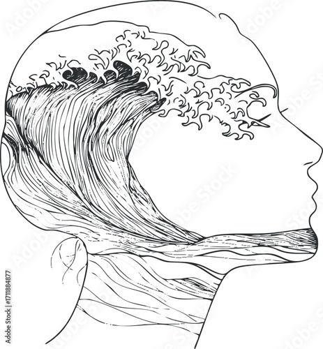 A creative line art illustration of a woman's profile integrated with ocean waves and nature.