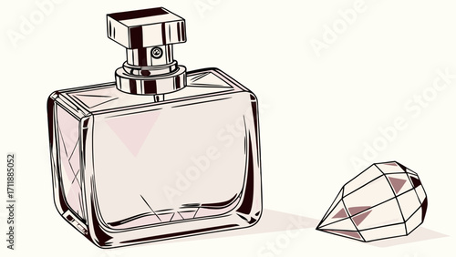 Stylish Perfume Bottle and Crystal Illustration Elegant Fragrance Design Beauty Product Graphic Cosmetic Packaging Mockup.