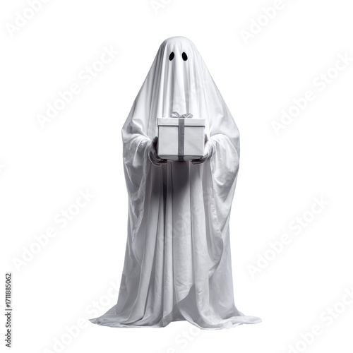 Ghost with a gift for Halloween celebration and spooky fun on a transparent background, cut out