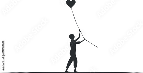 A silhouette of a child holding a heart-shaped balloon representing love and freedom.