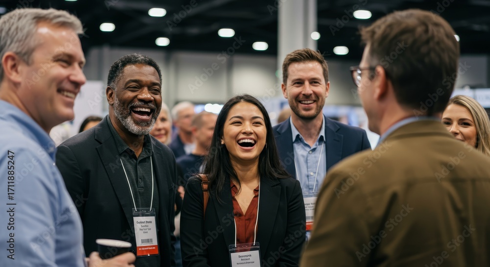 Obraz premium Diverse professionals engage in lively discussion during a conference event