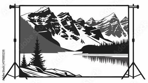 Stylized Monochrome Mountain Lake Landscape Photography Backdrop for Photo Studio or Design Project.