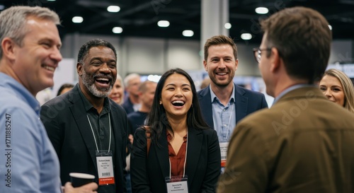Diverse professionals engage in lively discussion during a conference event