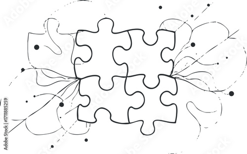 A creative illustration of four puzzle pieces interconnected with abstract floral elements.