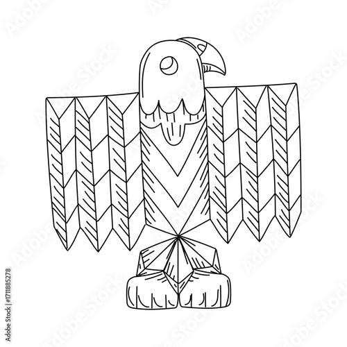 Wooden totem pole of Native Americans in the style of doodle. The pole is carved from wood, an eagle with wide wings. A bird totem for protection and rituals. Engraving, graphics. American Indians