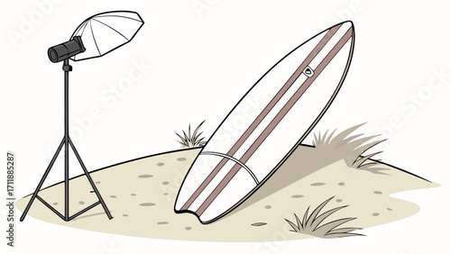 Surfboard Photography Setup Studio Lighting on Beach Summer Sport Equipment Illustration.
