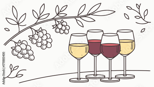Three glasses of wine with grapes and vine illustration line art style beverage drink alcohol winery vineyard wine tasting food and drink menu design restaurant bar cafe bistro wine.