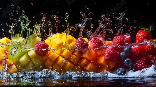 Vibrant mixed berries and tropical fruits splash dynamically in water, creating refreshing, healthy, and juicy visuals