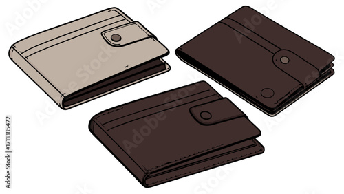 Three leather wallets in different colors top view illustration design element for fashion or business mens accessory close-up view.