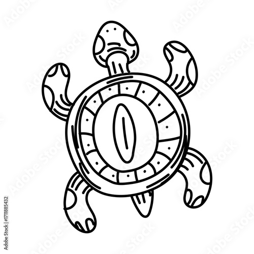 Turtle, desert animal with doodle. Cute little animal with armor, top view, crawling. Animal that lives in warm countries, carries house on its back. Engraving, graphic, shading. American Indians