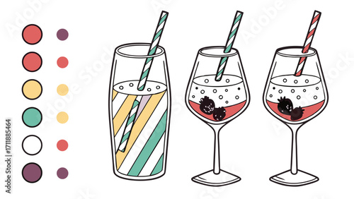 Three refreshing drinks with straws colorful beverage illustrations summer cocktails fruity drinks summer refreshment beverage design drink menu cafe menu restaurant menu bar menu bistr.