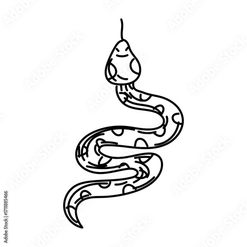 Snake, desert animal in doodle. Cute little animal top view crawling in loops. Animal of different species living all over planet earth. Wild animal. Engraving, graphics, shading. American Indians