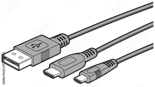 Three types of cable connectors USB-A USB-C and Micro USB with their respective cables illustrated.