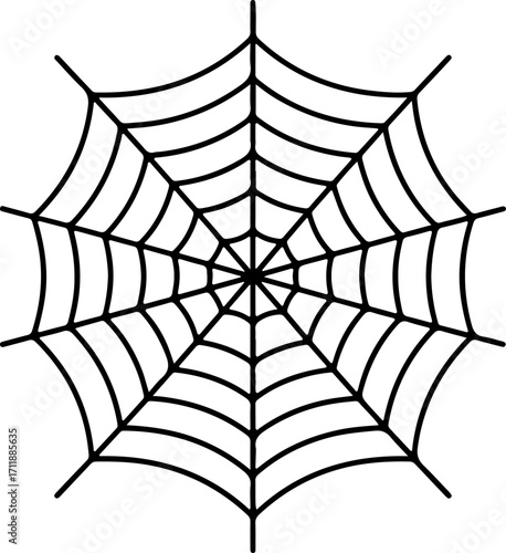 Symmetrical black spider web icon on a white background. Graphic illustration of a cobweb network, symbolizing connection, natural patterns, and Halloween concepts