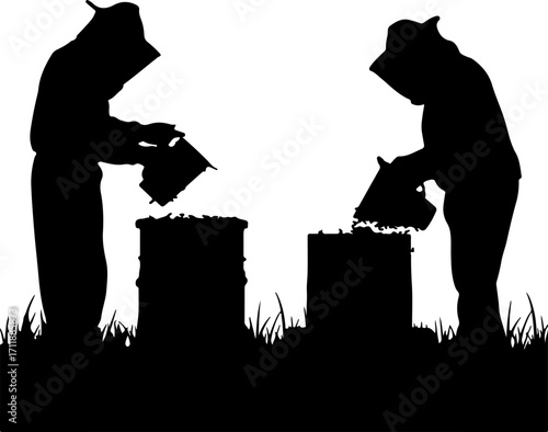 Black and white silhouette graphic of two apiarists at work, tending to their traditional beehives in a rural meadow