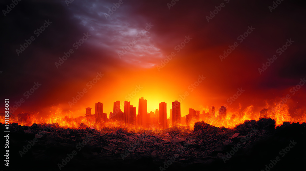 Naklejka premium A city skyline engulfed in intense flames with a fiery orange glow, dark smoke clouds above, and a foreground of rubble and destruction