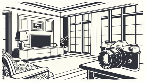Vintage Camera in Modern Living Room Interior Design Illustration.
