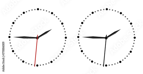Set of realistic 3D wall clocks with white faces and black hands, isolated on white background. Minimalistic design, ideal for office, home decor, and product mockups.