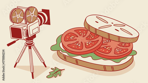 Vintage Film Camera and Delicious Sandwich Illustration Food Photography Culinary Art Retro Style Simple Design Vector Graphic Flat Lay Food Blogger Recipe Image Menu Design Restaurant.
