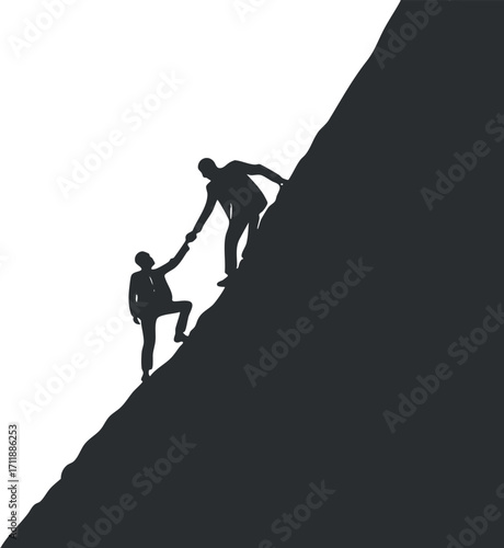 Silhouette of two people climbing a mountain symbolizing teamwork and support in overcoming challenges.