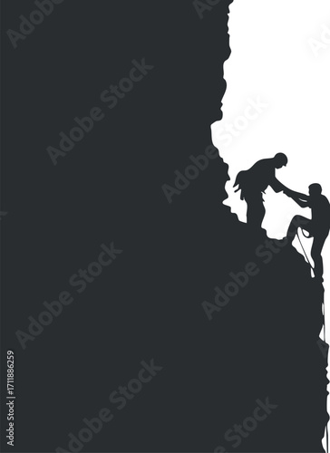 Two climbers in silhouette helping each other ascend a rocky cliff against a bright background.
