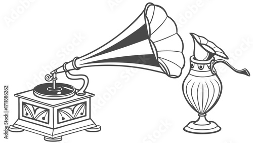 Vintage Gramophone and Ornate Vase Antique Illustration Retro Music Design Home Decor Classic Style Elegant Graphic Nostalgia Vector Art Black and White Line Art Simple Design Printable.