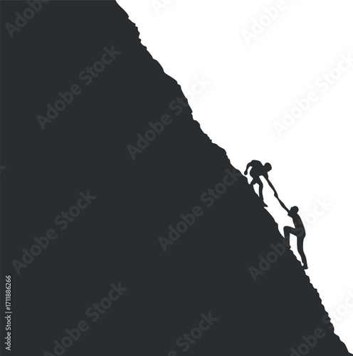 Two climbers silhouetted against a mountain, symbolizing teamwork and support in adventure.