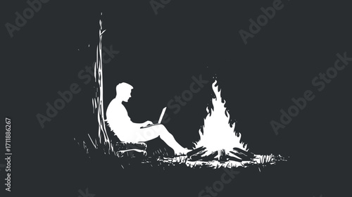 A silhouette of a man working on a laptop by a campfire in a tranquil outdoor setting.