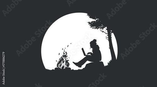 Silhouette of a person working on a laptop by a campfire under the moonlight.