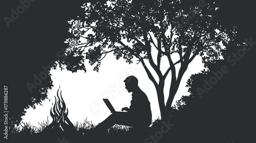 Silhouette of a person working on a laptop by a campfire under a tree.