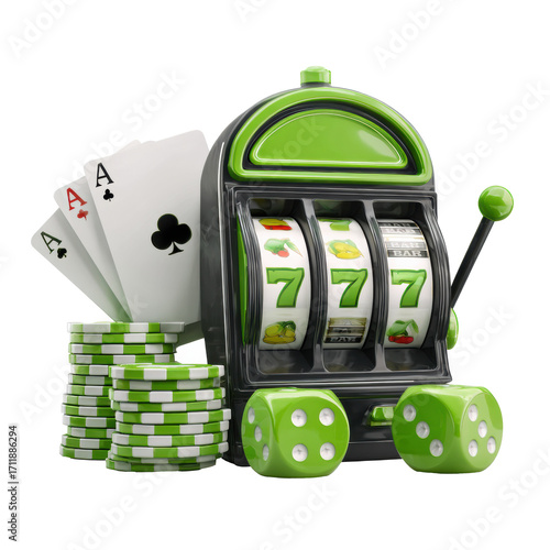 Exciting casino game with green slot machine and playing cards on a transparent background, cut out