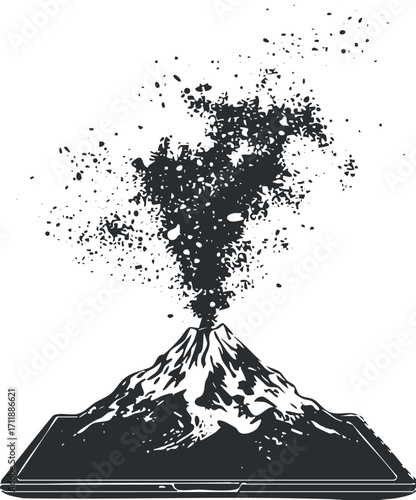 A digital illustration of a volcano erupting from a tablet representing technology and nature.