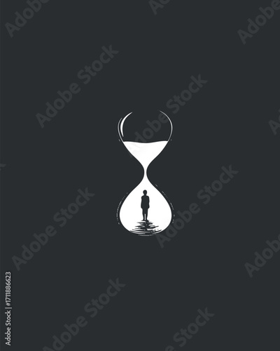 A minimalist illustration of an hourglass with a silhouette reflecting on water symbolizing time and existence.