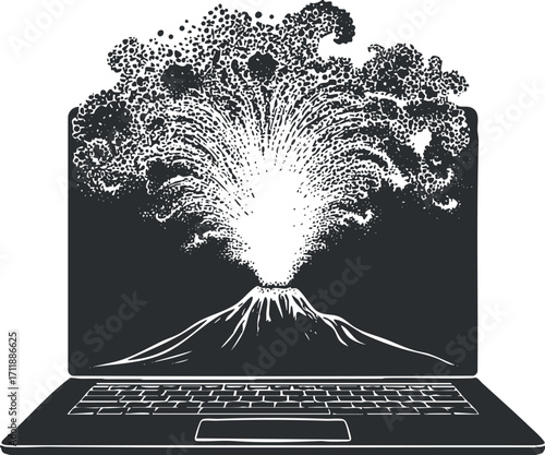 A laptop graphic depicting a volcanic eruption with smoke and explosion elements emerging from the screen.