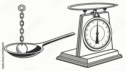 Vintage Weighing Scales and Weight Illustration Kitchen Scale Measurement Tools Retro Design Weight Measurement Balance Scale Kitchen Utensils Classic Design Measuring Device Analog Scal.