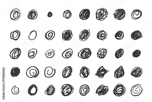 Hand drawn doodle circles and dots in playful or grunge style. Scribble shapes for bullet journal, decoration, and creative vector design.
