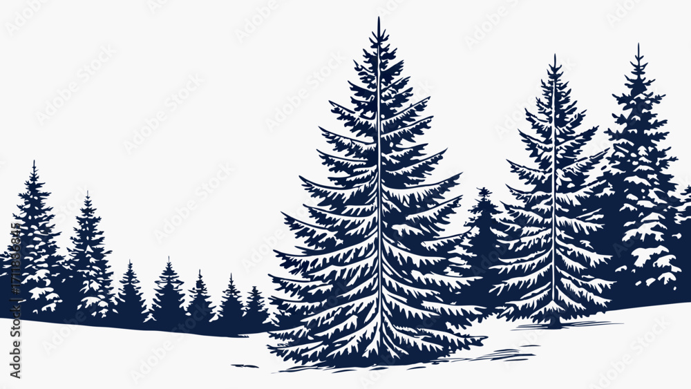Obraz premium Winter Forest Snow Covered Pine Trees Christmas Illustration Holiday Design Nature Background Vector Art Snowy Landscape Evergreen Trees Coniferous Forest Winter Scene Dark Blue Silhoue.