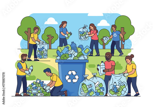 Community Volunteers Cleaning Up Park With Recycling Bin