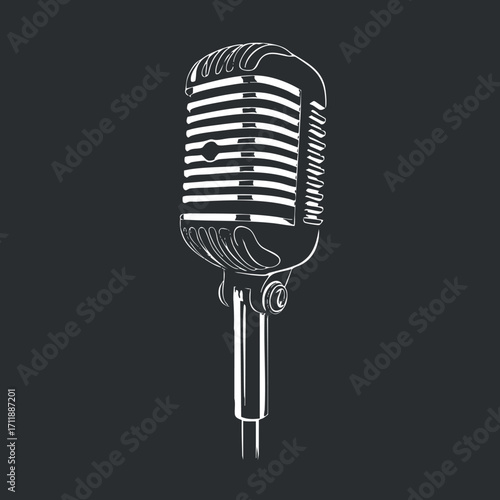 A vintage microphone illustration on a dark background representing music and audio recording.