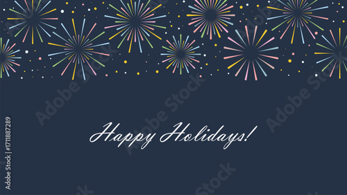 Universal horizontal banner for Happy Holidays. Colorful fireworks exploding in night sky with greeting text. New Year, Christmas, Anniversary, Birthday card, vector graphics.