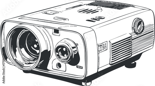 Illustration of a vintage film projector showcasing its design and features in black and white.