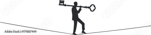 A silhouette of a person balancing on a tightrope while holding a large key symbolizing challenges and success.