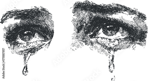 A detailed monochrome illustration of two expressive eyes shedding tears, capturing deep emotion.