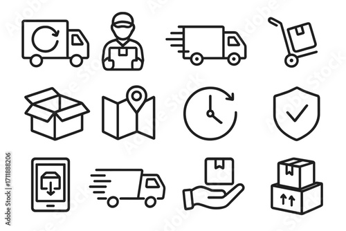 Logistics and delivery service line icon set. E-commerce shipping and transport vector symbols. Fast delivery truck, courier, package tracking, secure shipment, box, return, map pin.